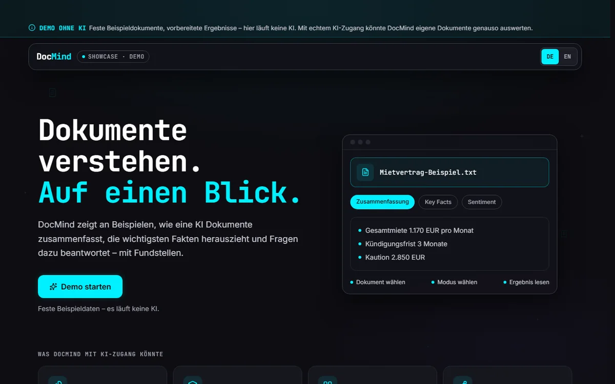 Startseite von DocMind mit dem Beispielergebnis zu einem Mietvertrag