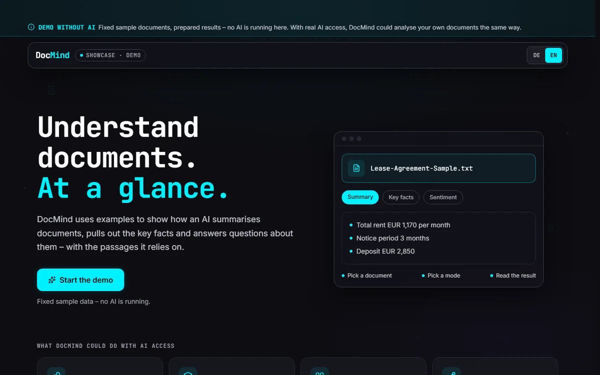 DocMind start page with the sample result for a rental agreement